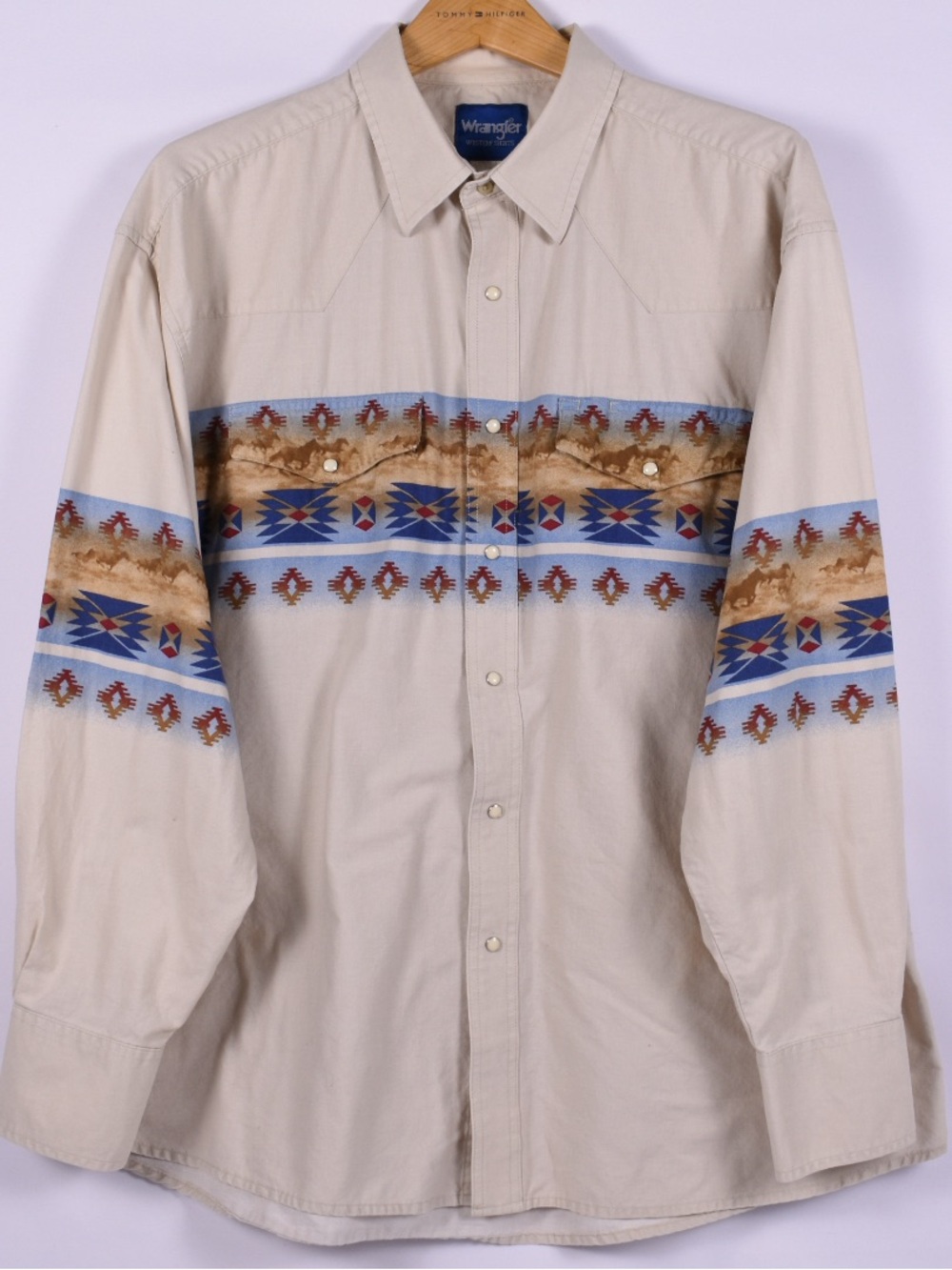 Wrangler Beige Shirt with Blue and Brown Southwestern Bands